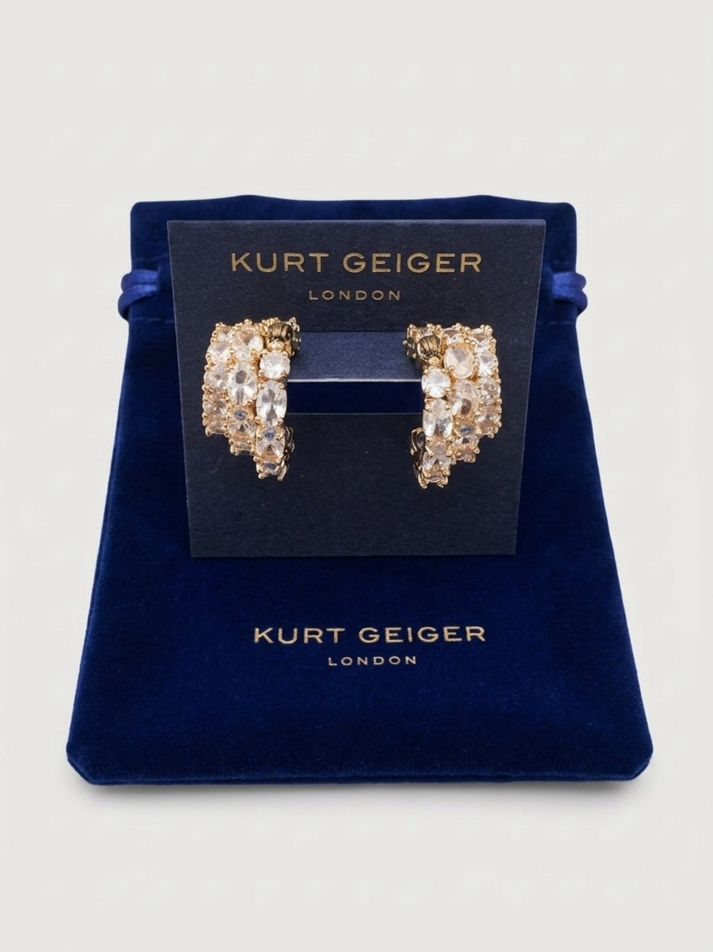 Kurt Geiger London Crystal Pavé Eagle Gold Tone Wide C-Hoop Earrings & Pouch NWT